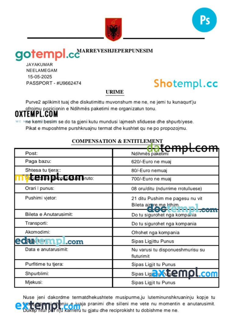 Albania work visa permit template in PSD format, 3 pages Albania work visa permit template in PSD format, 3 pages - Image 3