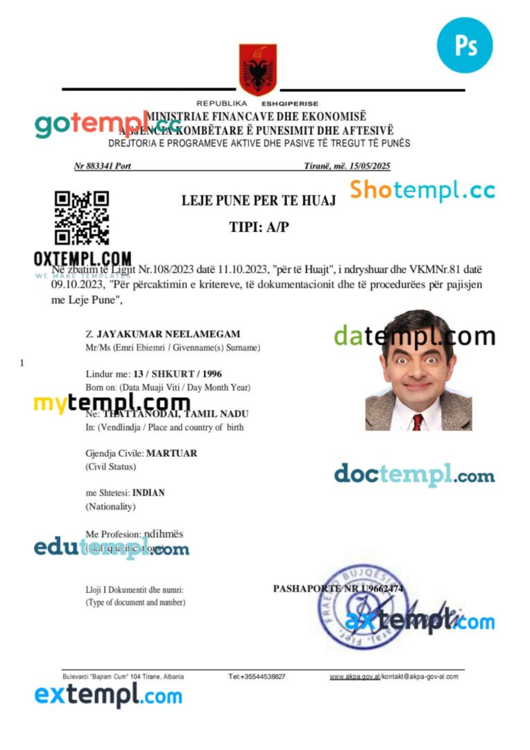Albania work visa permit template in PSD format, 3 pages Albania work visa permit template in PSD format, 3 pages - Image 2