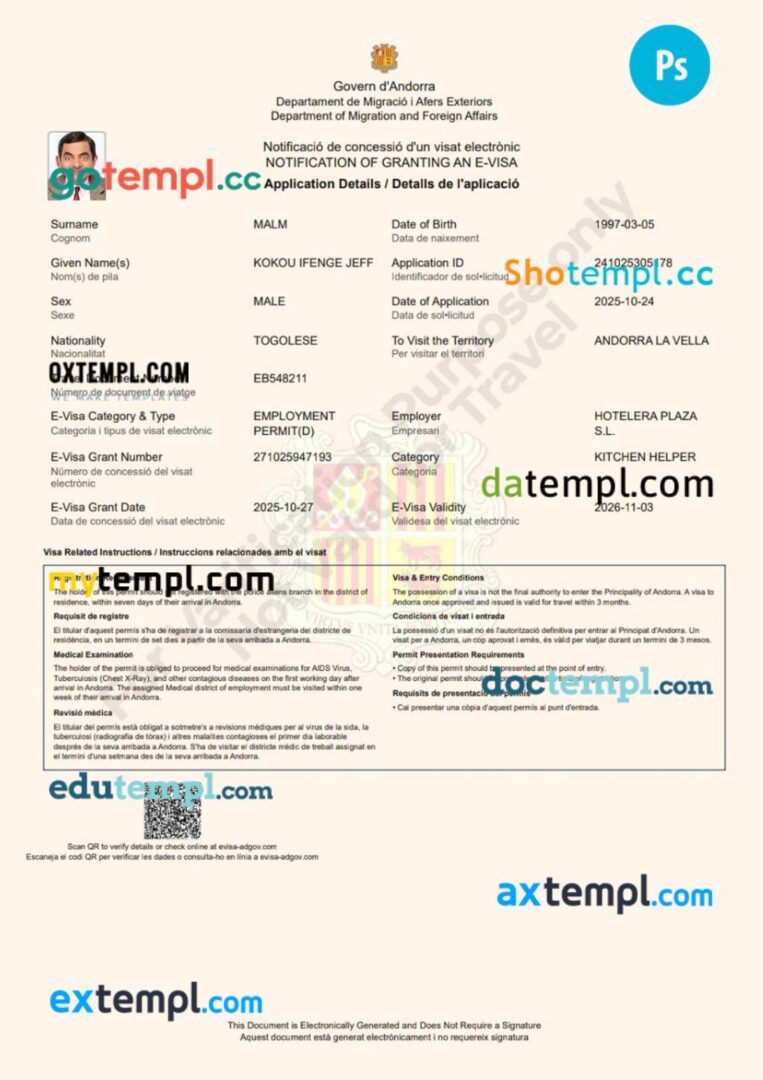 Andorra work visa permit template in PSD format Andorra work visa permit template in PSD format