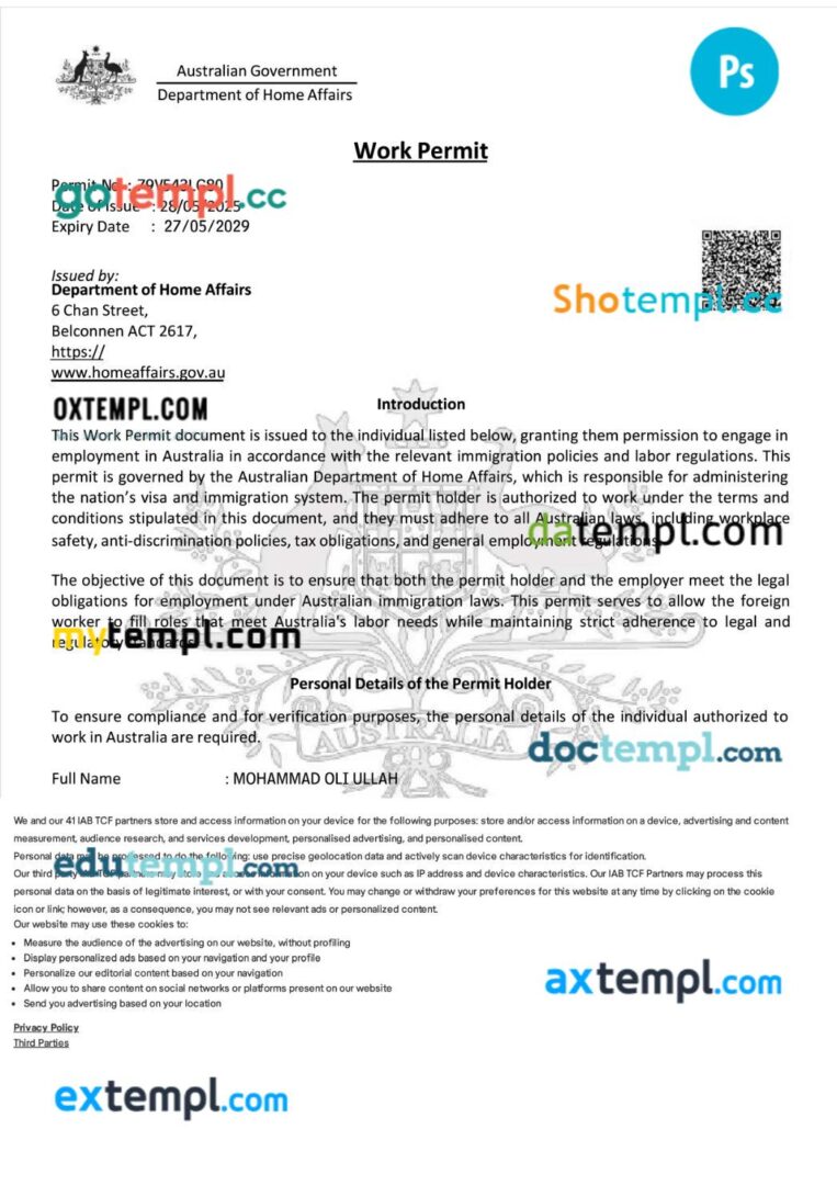 Australia work permit template in PSD format, 4 pages Australia work permit template in PSD format, 4 pages