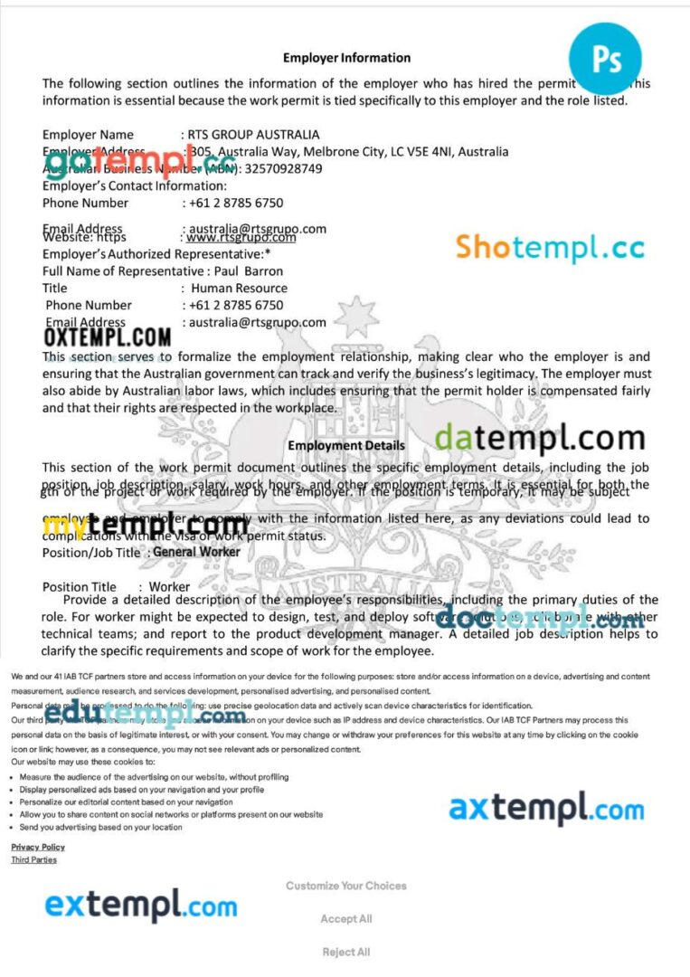 Australia work permit template in PSD format, 4 pages Australia work permit template in PSD format, 4 pages - Image 4
