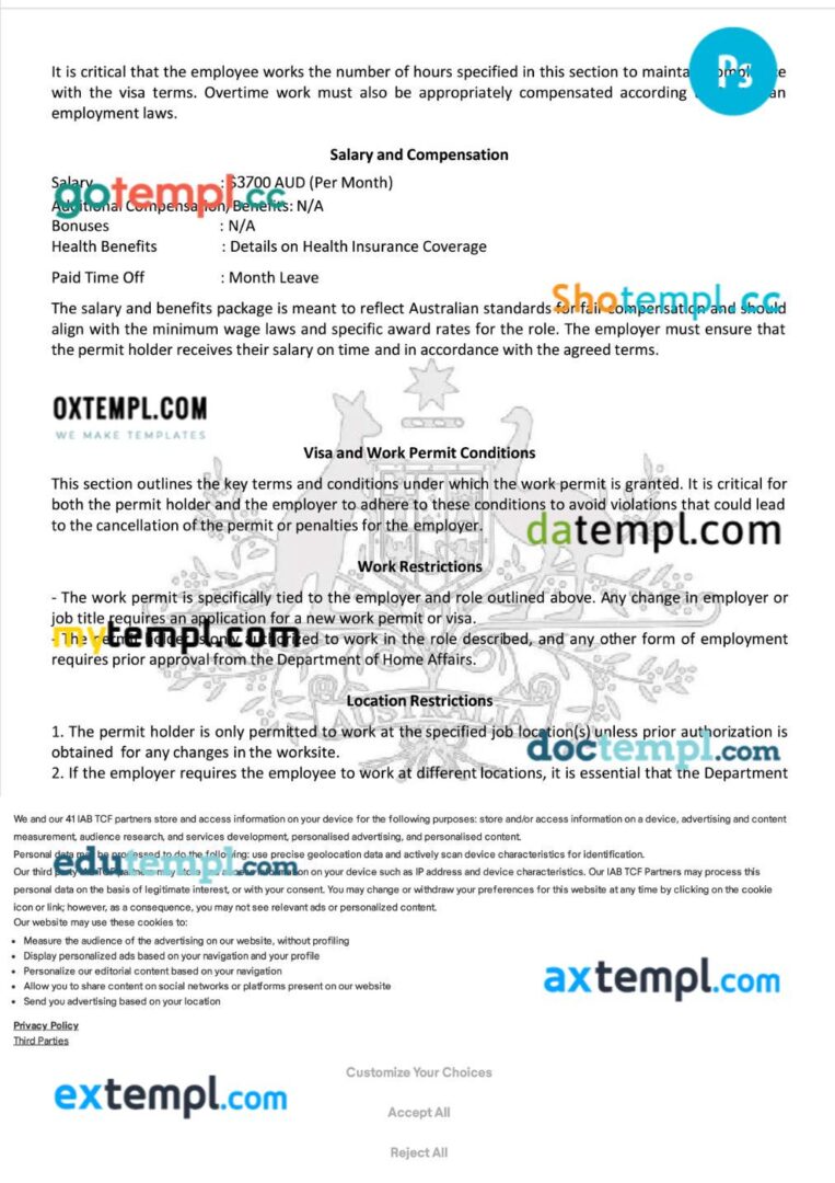 Australia work permit template in PSD format, 4 pages Australia work permit template in PSD format, 4 pages - Image 3
