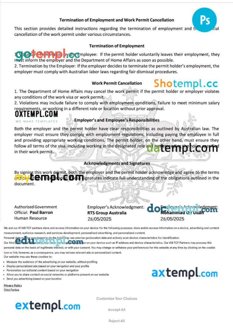 Australia work permit template in PSD format, 4 pages Australia work permit template in PSD format, 4 pages - Image 2