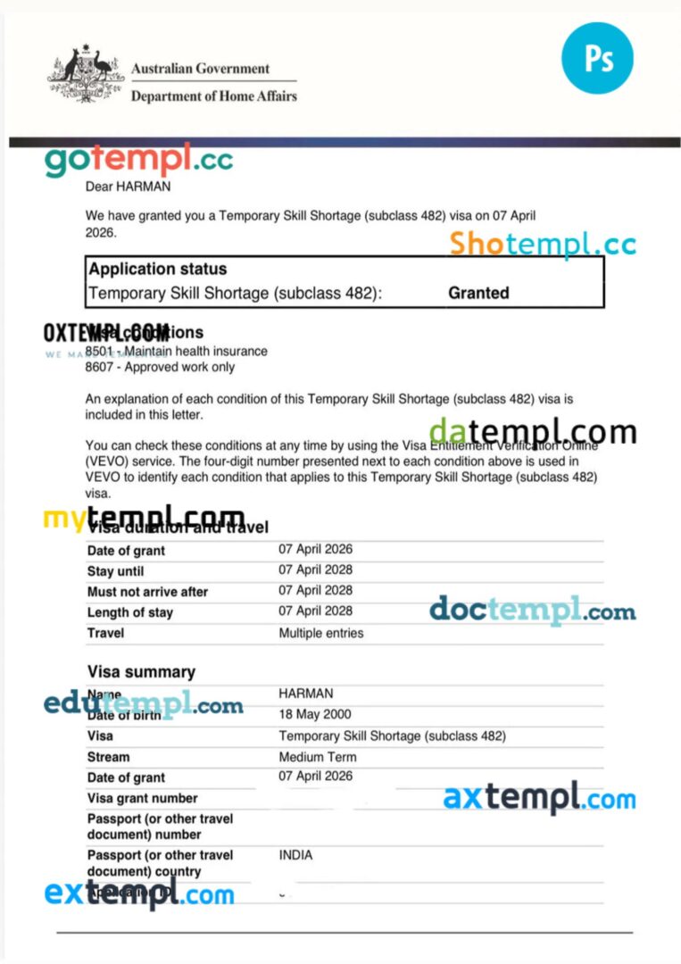 Australia work permit template in PSD format Australia work permit template in PSD format