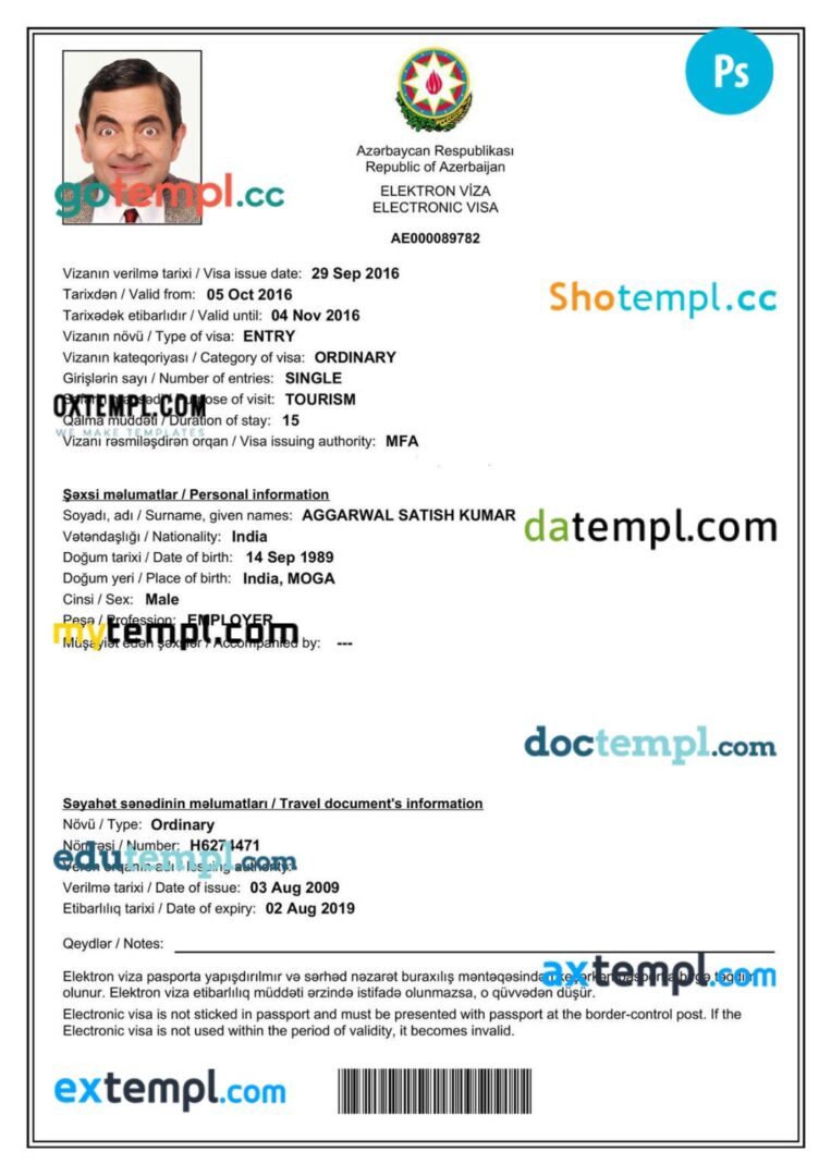 Azerbaijan work visa permit template in PSD format Azerbaijan work visa permit template in PSD format
