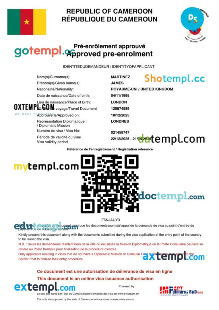 Cameroon work visa permit template in PSD format Cameroon work visa permit template in PSD format