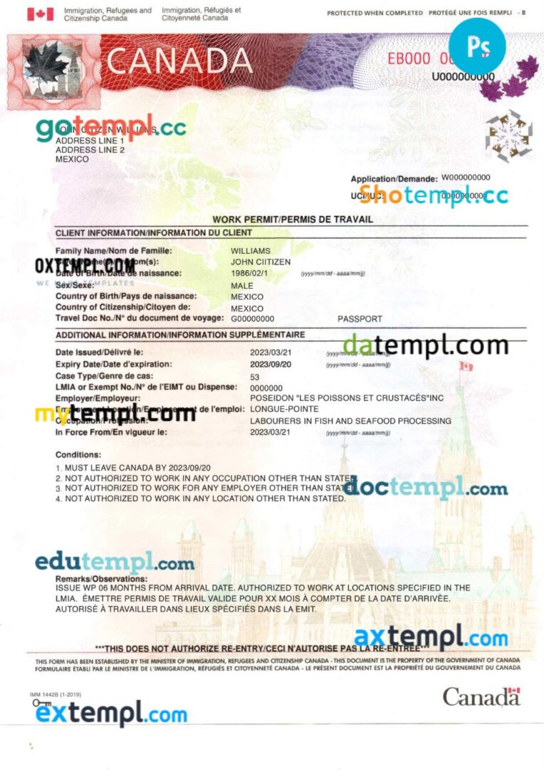 Canada work permit template in PSD format, 2023-present, 2 pages Canada work permit template in PSD format, 2023-present, 2 pages