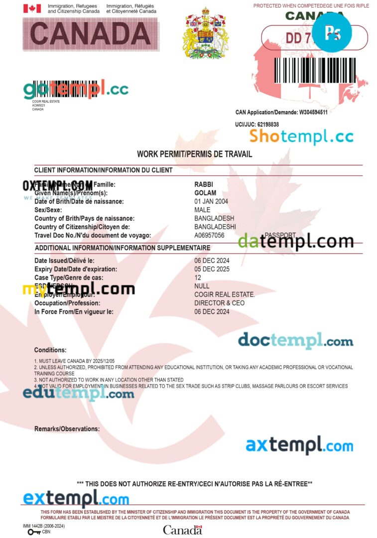 Canada work permit template in PSD format, 2024-present Canada work permit template in PSD format, 2024-present