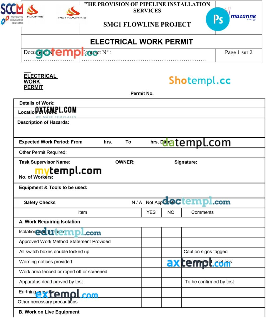 Construction commissioning maintenance electrical work permit template in PSD format Construction commissioning maintenance electrical work permit template in PSD format