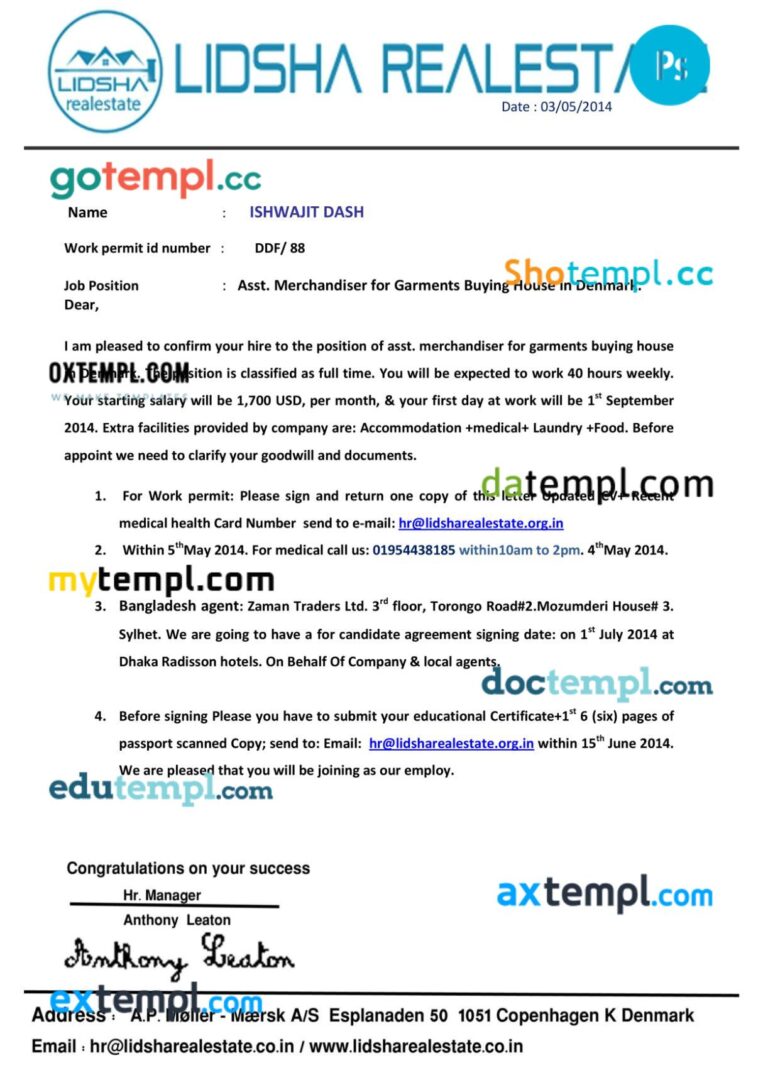Denmark Lidsha realestate company work permit template in PSD format, 2 pages Denmark Lidsha realestate company work permit template in PSD format, 2 pages
