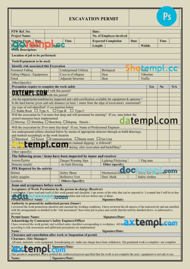 Excavation work permit template in PSD format Excavation work permit template in PSD format