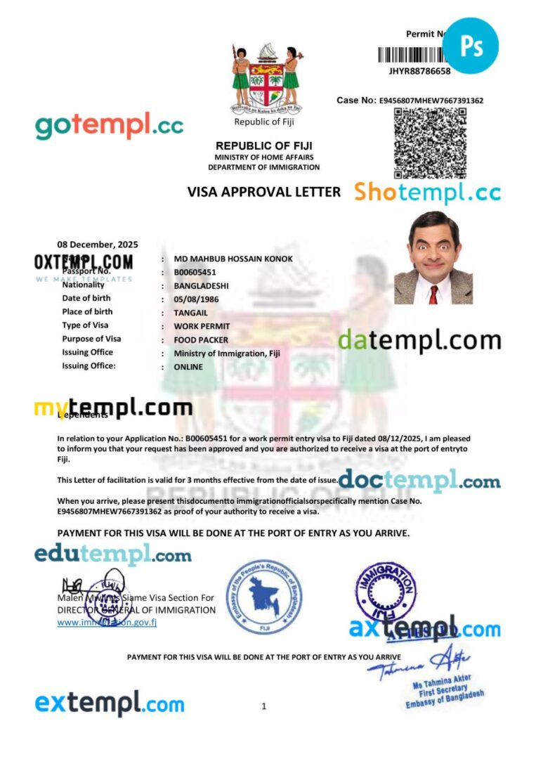 Fiji long term work permit template in PSD format, 3 pages Fiji long term work permit template in PSD format, 3 pages