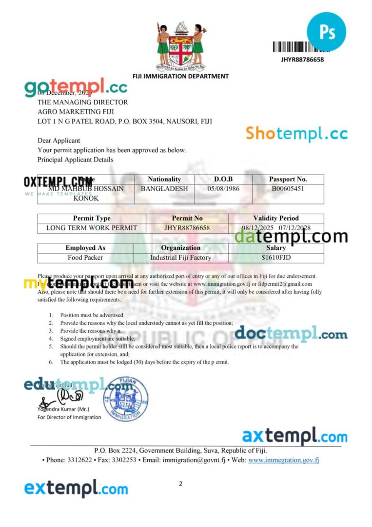 Fiji long term work permit template in PSD format, 3 pages Fiji long term work permit template in PSD format, 3 pages - Image 3