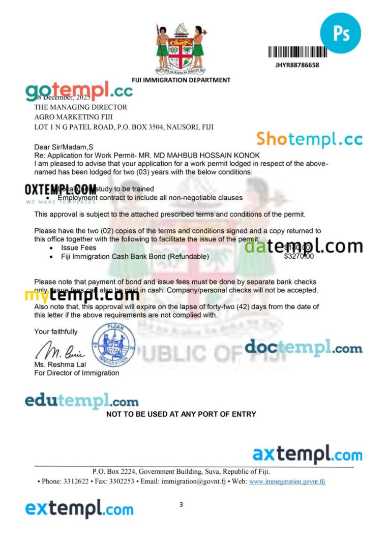 Fiji long term work permit template in PSD format, 3 pages Fiji long term work permit template in PSD format, 3 pages - Image 2