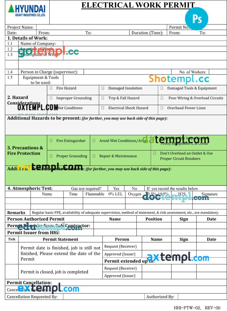Hyundai heavy industries electrical work permit template in PSD format Hyundai heavy industries electrical work permit template in PSD format