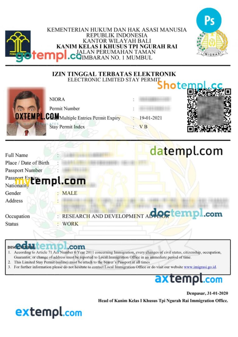 Indonesia limited stay and work permit template in PSD format Indonesia limited stay and work permit template in PSD format