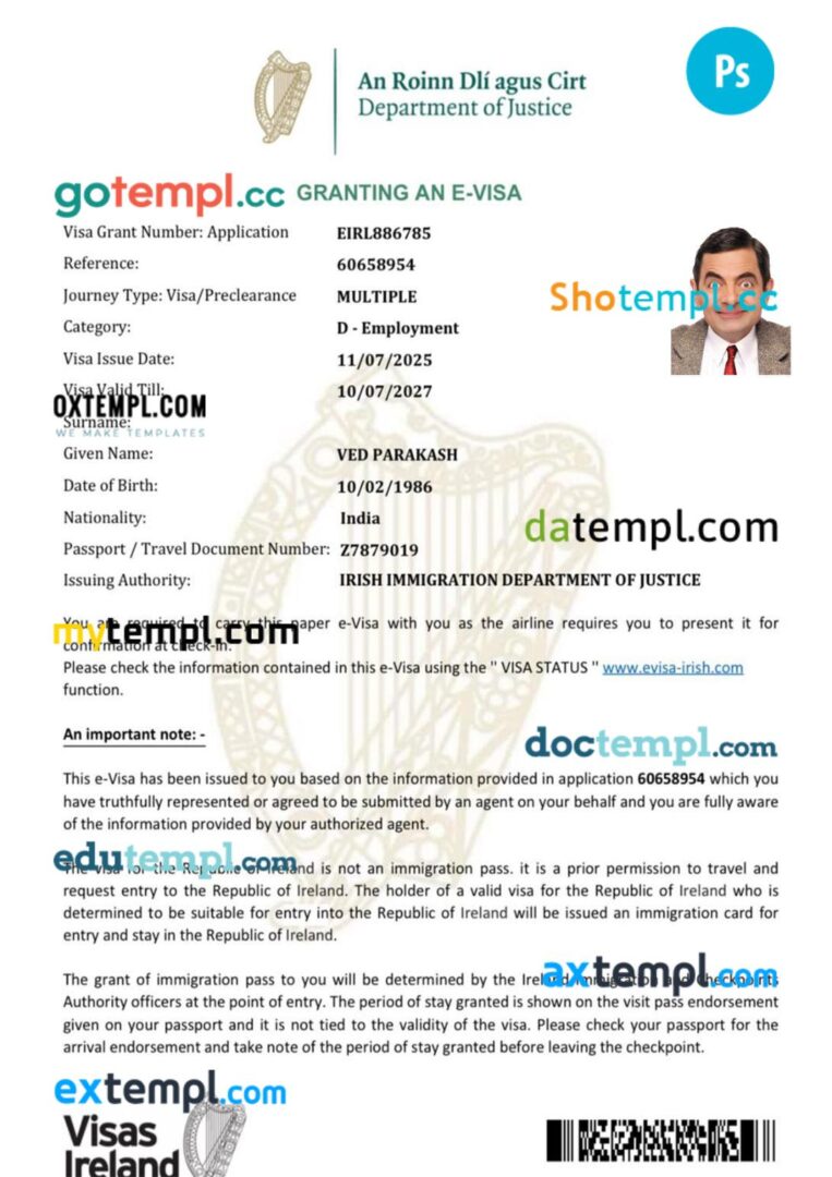 Ireland work visa permit template in PSD format Ireland work visa permit template in PSD format