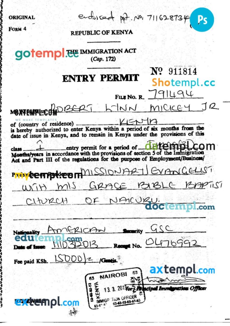 Kenya work permit template in PSD format Kenya work permit template in PSD format