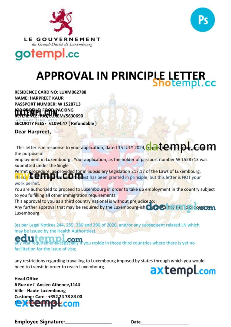 Luxembourg work permit template in PSD format, version 2 Luxembourg work permit template in PSD format, version 2