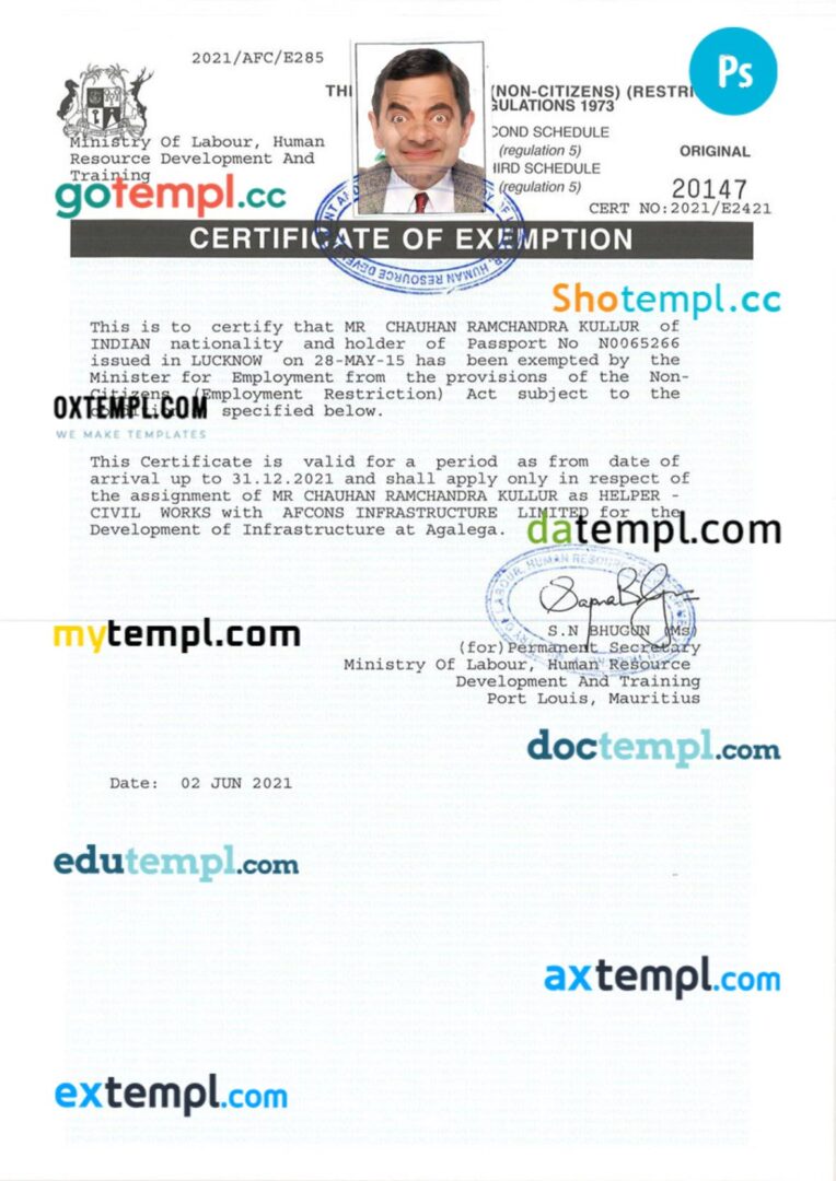 Mauritius work certificate of exemption template in PSD format Mauritius work certificate of exemption template in PSD format