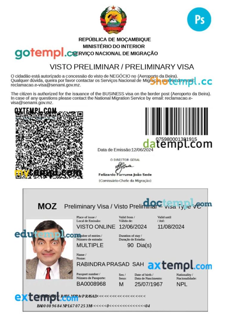 Mozambique work visa permit template in PSD format Mozambique work visa permit template in PSD format