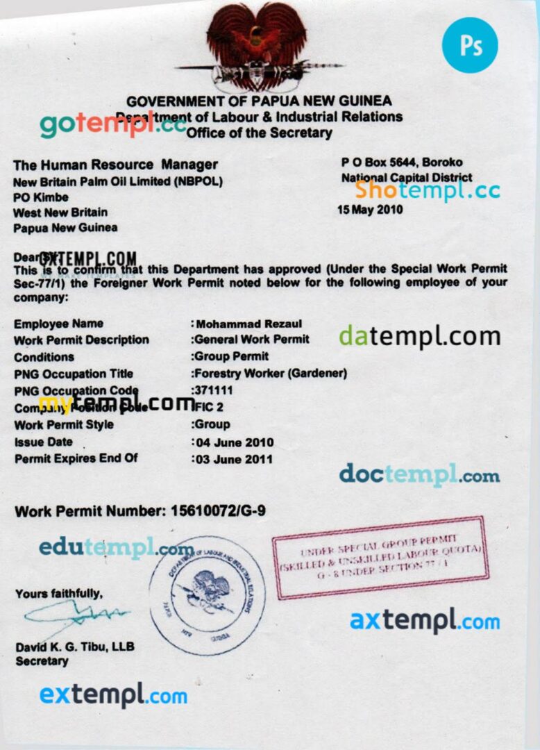 Papua New Guinea Work Visa permit template in PSD format Papua New Guinea Work Visa permit template in PSD format