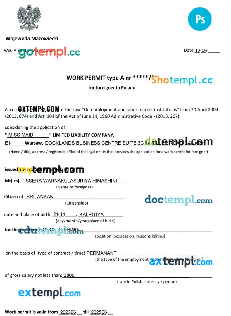 Poland work permit template in PSD format Poland work permit template in PSD format