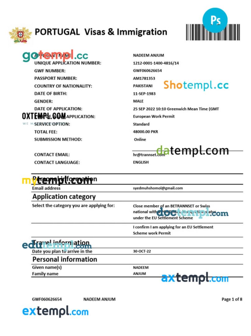 Portugal work visa permit template in PSD format Portugal work visa permit template in PSD format