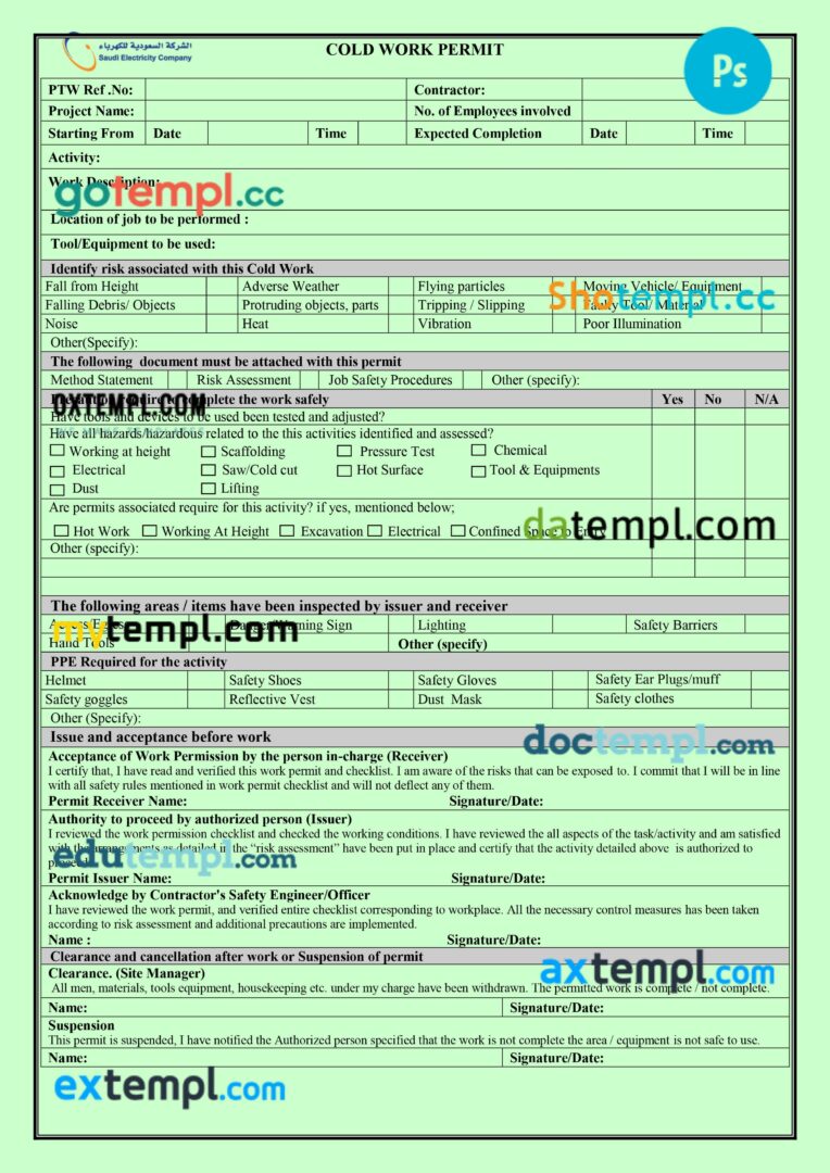 Saudi Arabia electricity company work permit template in PSD format Saudi Arabia electricity company work permit template in PSD format