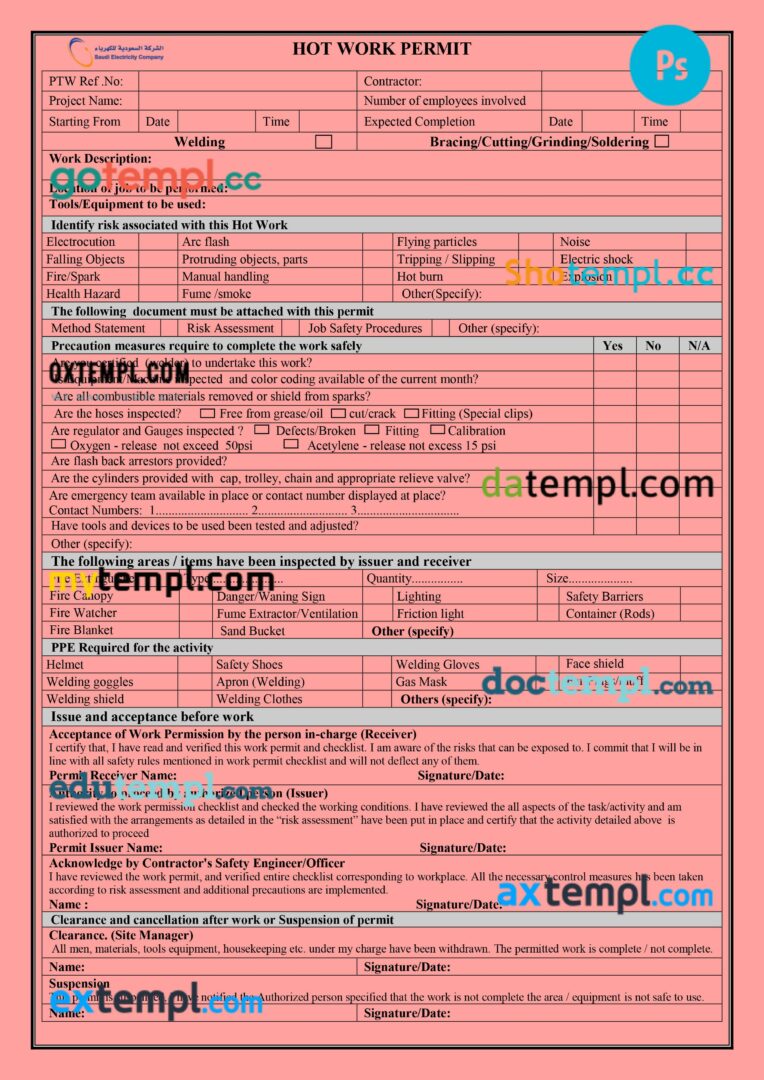 Saudi electricity company work permit template in PSD format Saudi electricity company work permit template in PSD format