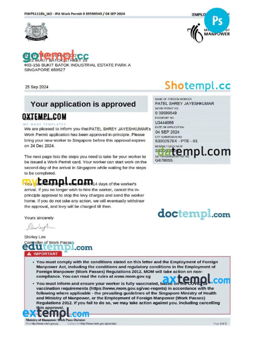 Singapore work permit template in PSD format, version 2 Singapore work permit template in PSD format, version 2
