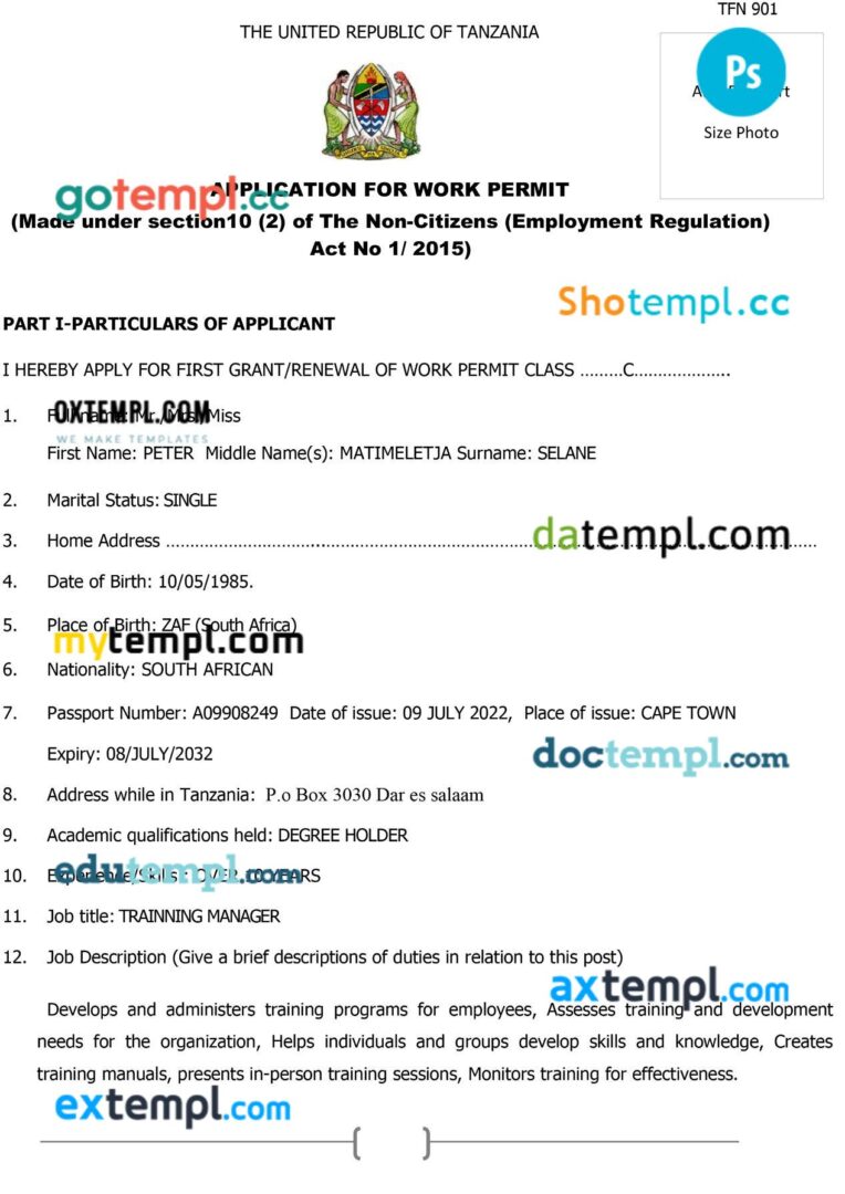 Tanzania work permit template in PSD format, 2 pages Tanzania work permit template in PSD format, 2 pages