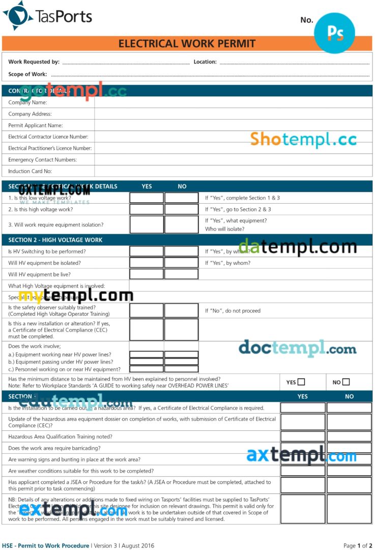 TasPorts electrical work permit template in PSD format TasPorts electrical work permit template in PSD format