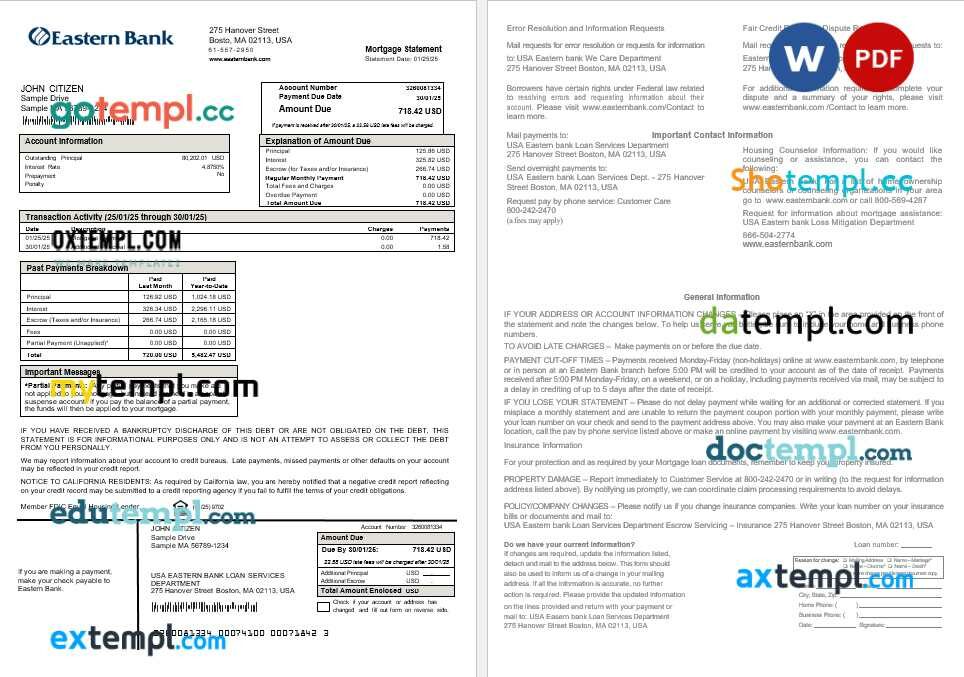 USA Eastern Bank mortgage statement in Word and PDF formats USA Eastern Bank mortgage statement in Word and PDF formats