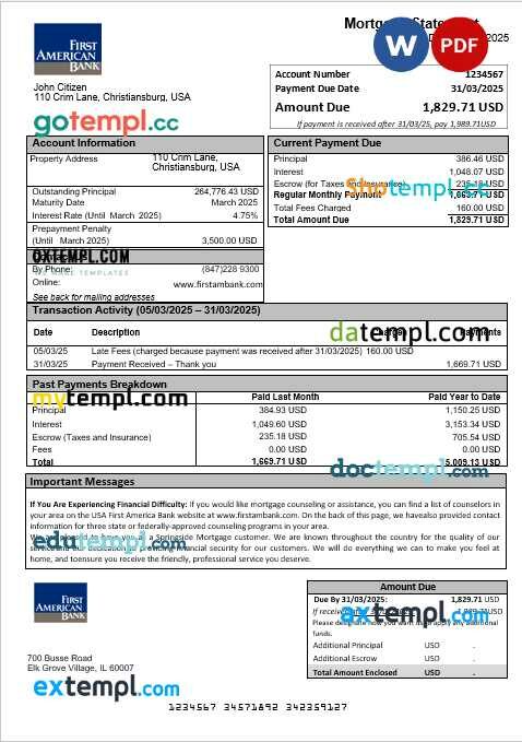 USA First America Bank mortgage statement in Word and PDF formats USA First America Bank mortgage statement in Word and PDF formats
