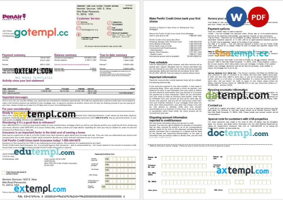 USA Florida PenAir Credit Union bank mortgage statement in Word and PDF formats, 2 pages USA Florida PenAir Credit Union bank mortgage statement in Word and PDF formats, 2 pages