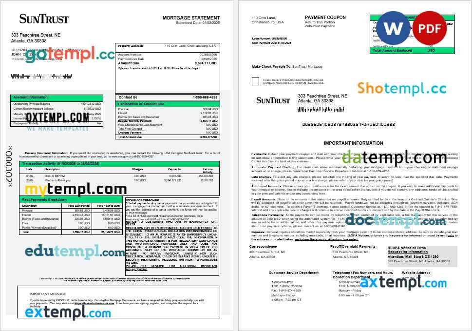 USA Georgian SunTrust bank mortgage statement in Word and PDF formats USA Georgian SunTrust bank mortgage statement in Word and PDF formats