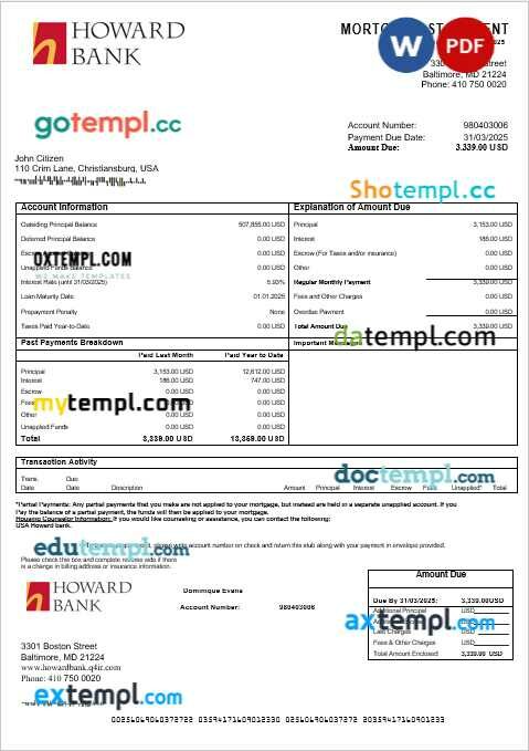 USA Howard bank mortgage statement in Word and PDF formats USA Howard bank mortgage statement in Word and PDF formats