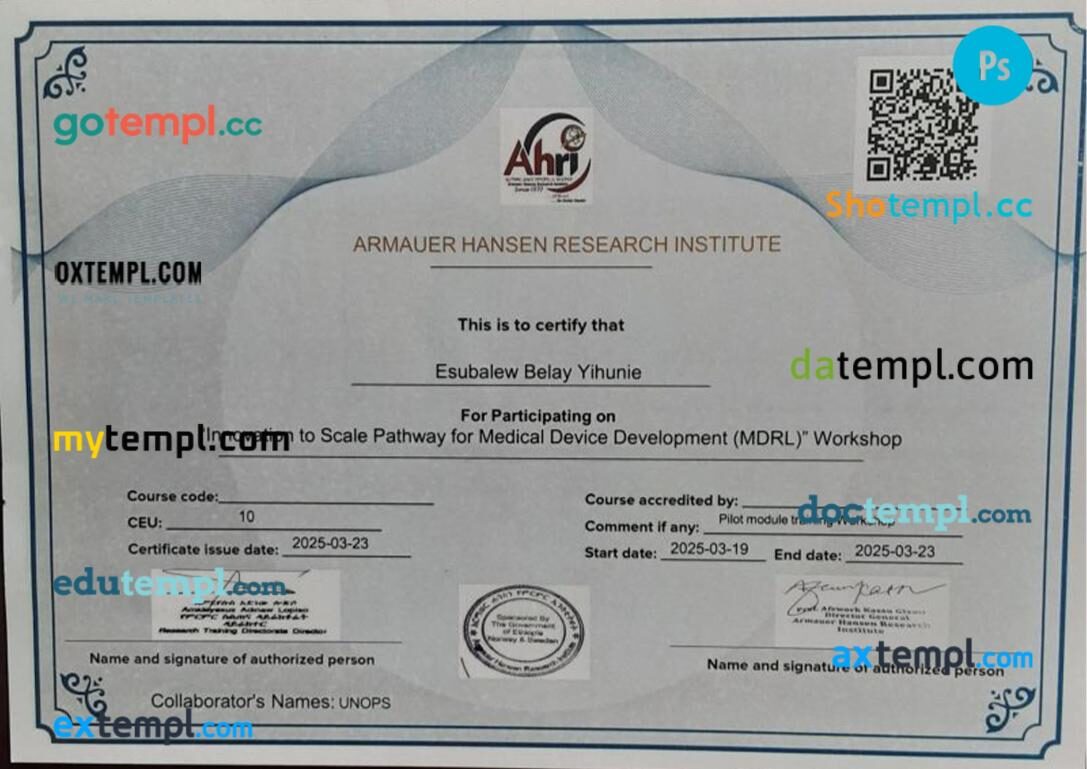Ethiopia AHRI medical certificate in PSD format