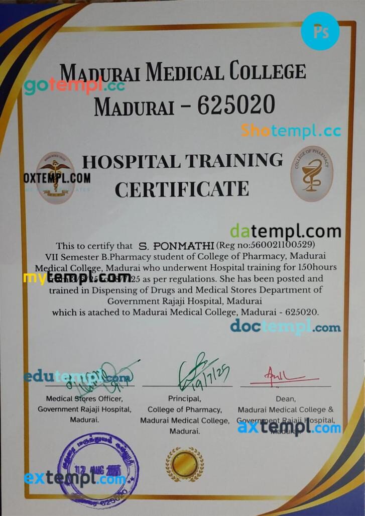 India Hospital Training certificate in PSD format