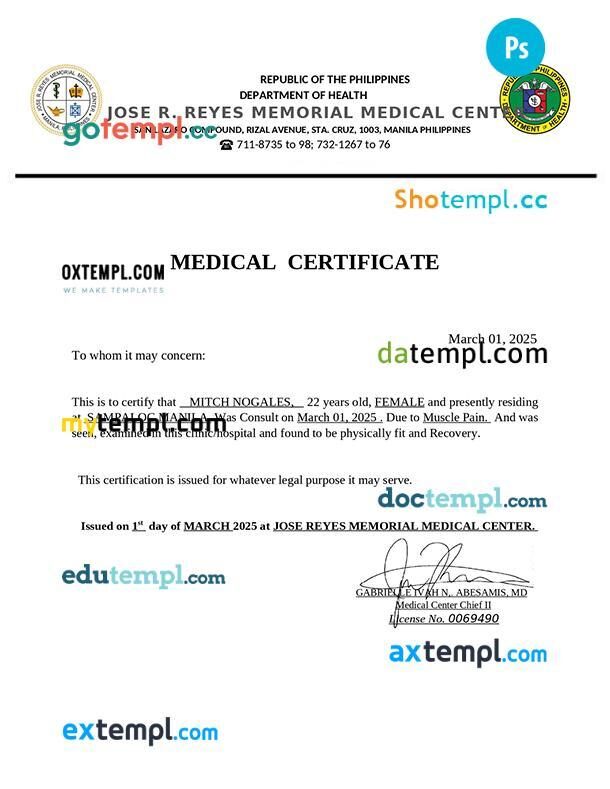 Phillippines Jose R.Reyes memorial medical certificate in PSD format