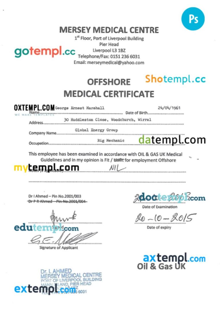 UK Offshore medical certificate in PSD format