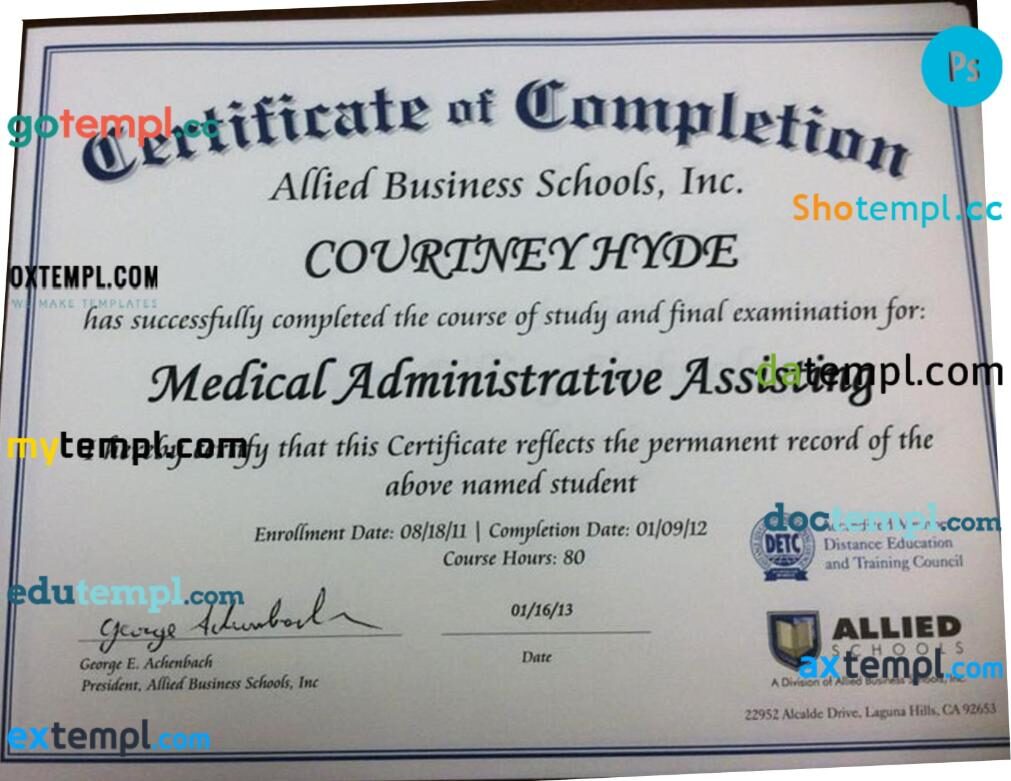 USA Allied Business Schools, Inc. medical certificate in PSD format
