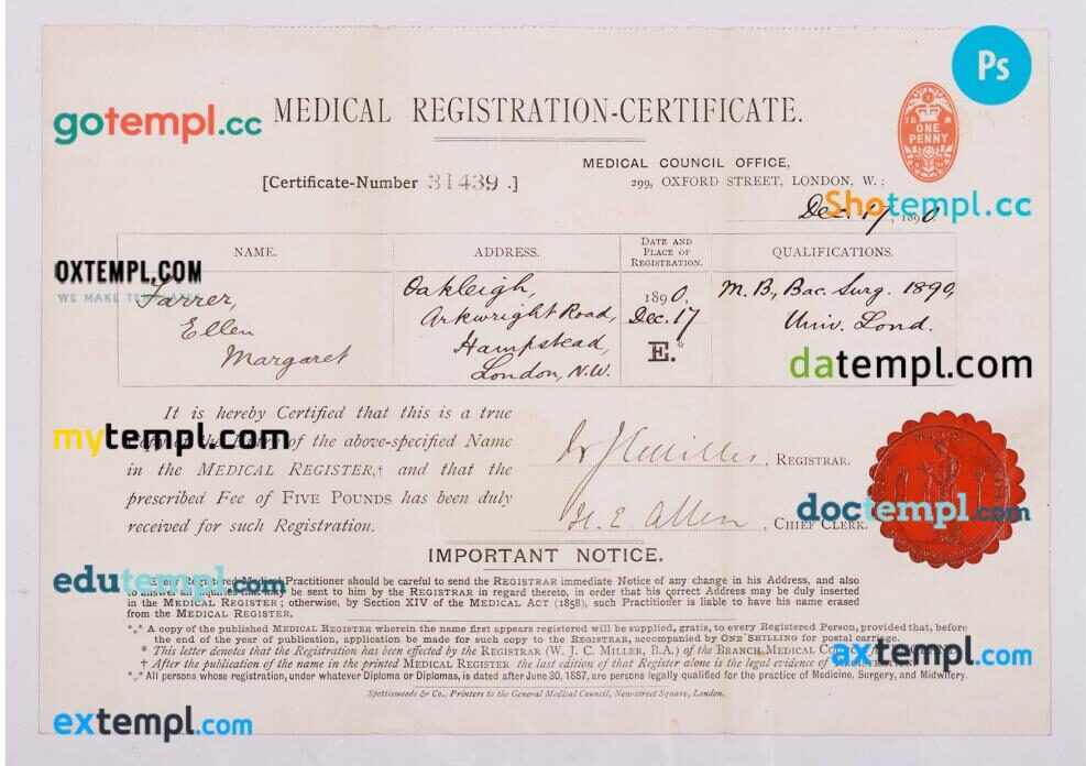 United Kingdom Medical registration-certificate in PSD format